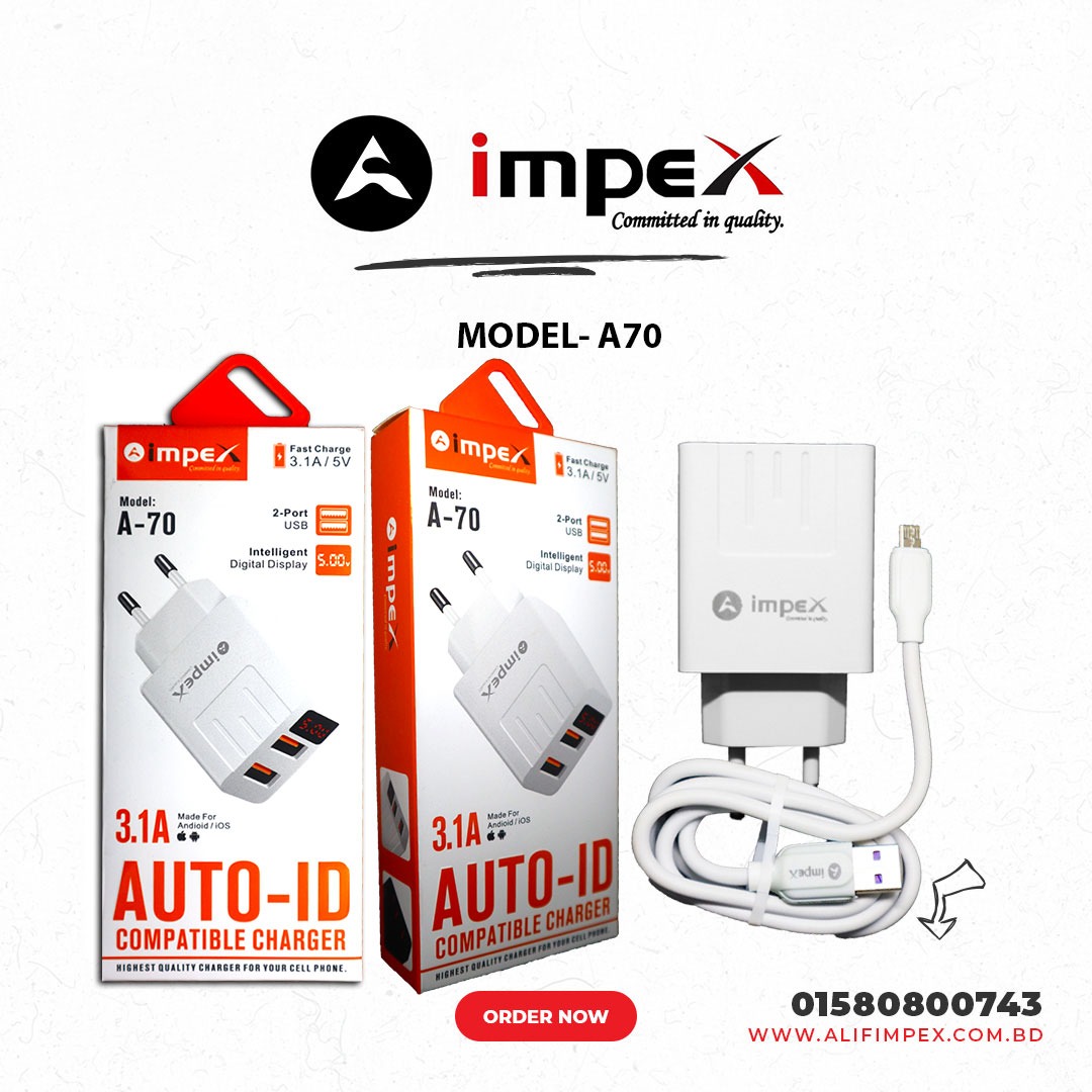 Impex Display Fast charger A70  3.1A + T-shirt Free.