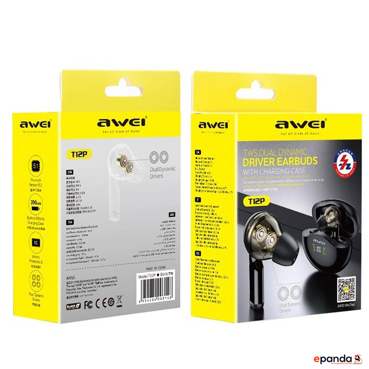 Awei T12P Wireless Earbud TWS Dual Dynamic Driver Bluetooth 5.1