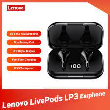 Lenovo LivePods LP3 True Wireless Stereo Earphone BT5.0w/Dual Moving Coil/Digital Display Fast Flash Charging Supported Waterproof In-Ear Headphone