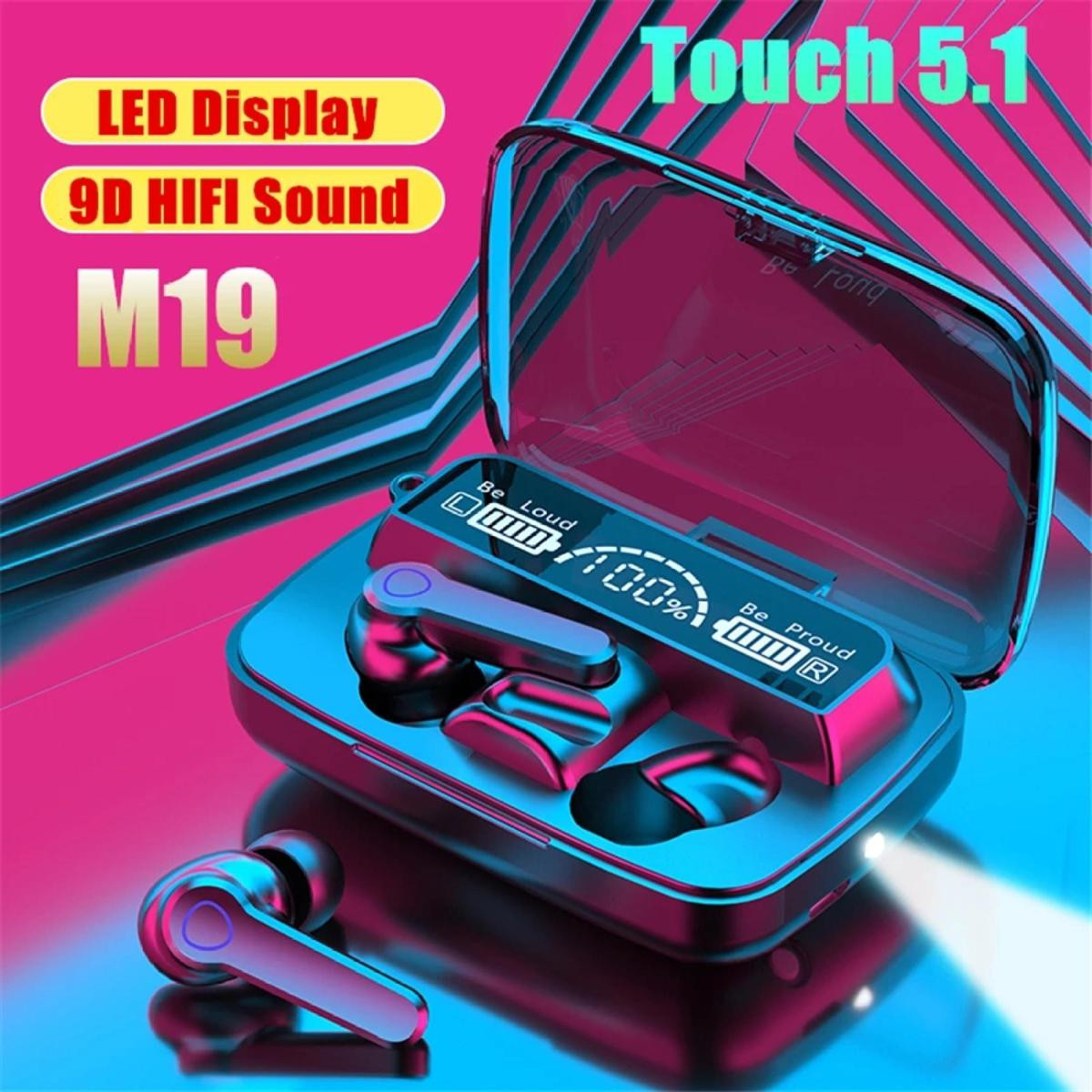 M19 Earbuds TWS Touch Control Wireless Bluetooth 5.1 Headphones With Microphone With flashlight